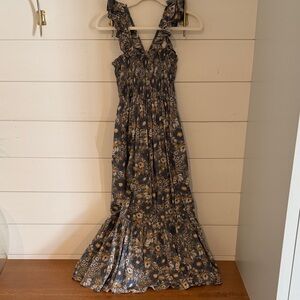 Marea by Liz Joy Smocked Maxi Dress in Navy and Mustard Floral